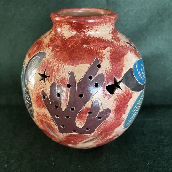 Pottery Turtle Butterfly Tropical Cut-Out Stars Votive/Battery Light Holder 5” - Picture 3 of 8